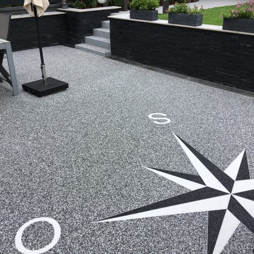 Das Bild zeigt eine Terrasse mit Steinteppich belegt und als Musterung wurde eine Windrose eingearbeitet. Diese wurde korrekt nach norden ausgerichtet. Die Grundfarbe der Terrasse ist schwarz, weiss, grau